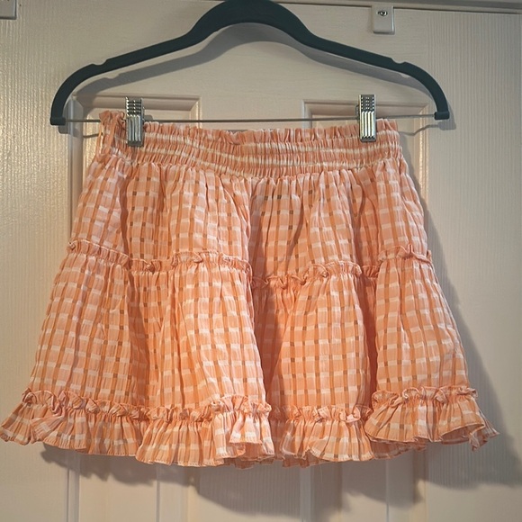 Boutique Two Piece Set Crop Top Ruffle Sleeve Orange Checkered Ruffled Skirt S/M - Picture 2 of 11